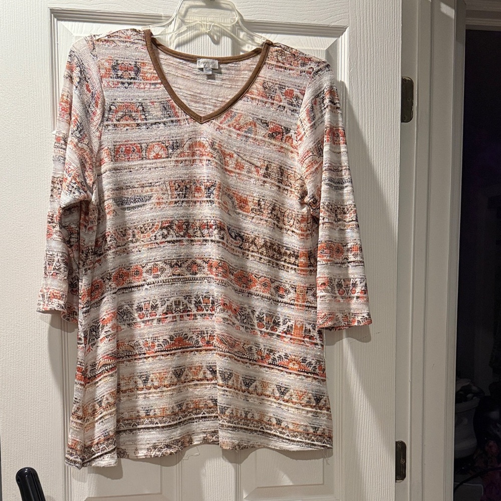 Avenue Women's Striped 3/4 Sleeve Top - Brown and Orange